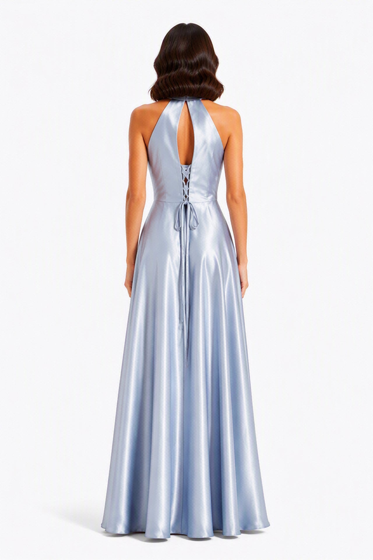 Vestito Lungo Satin Donna Collo Halter con Fiocco Legabile, Abito Elegante Vita Definita e Gonna Ampia da Cerimonia -1