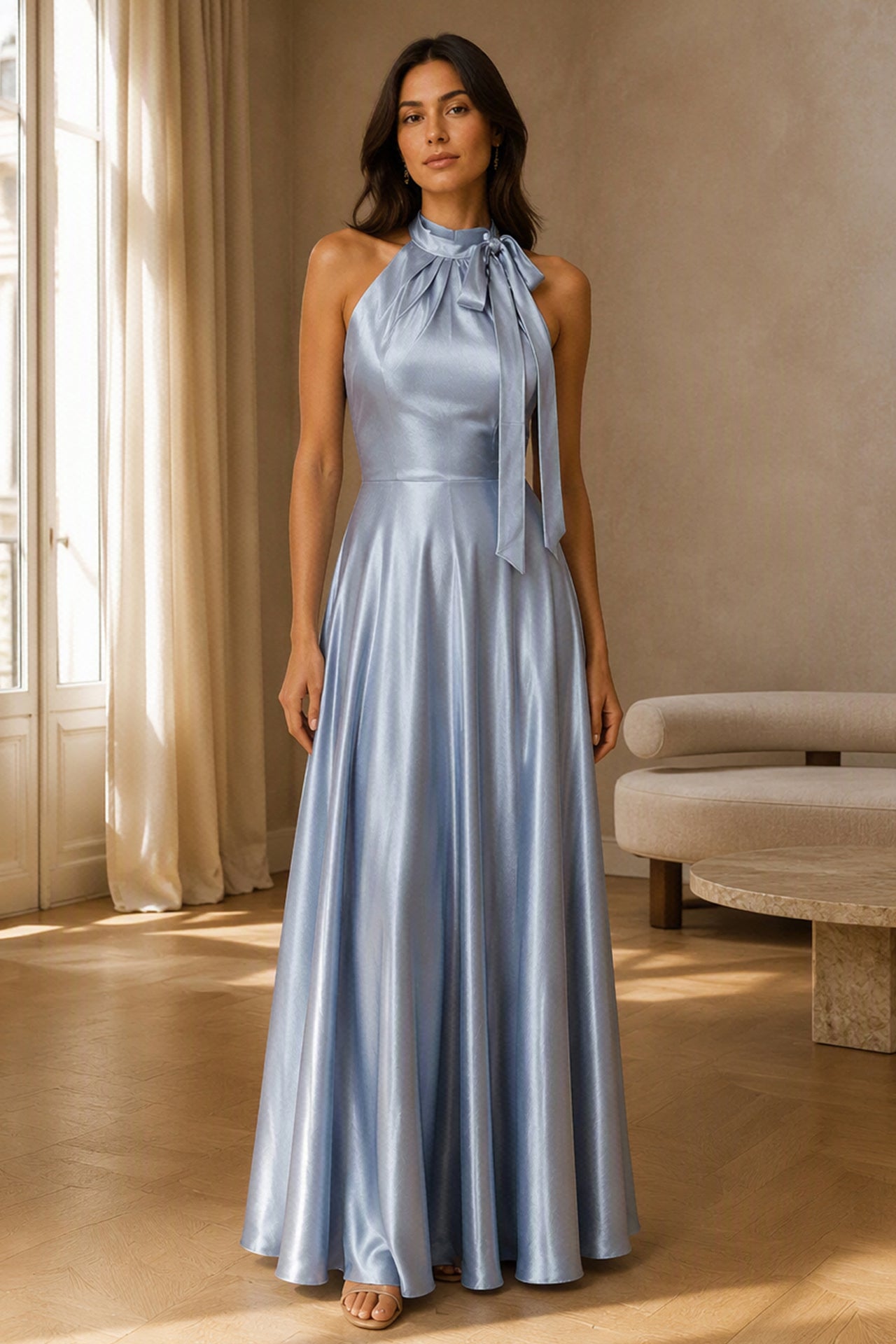 Vestito Lungo Satin Donna Collo Halter con Fiocco Legabile, Abito Elegante Vita Definita e Gonna Ampia da Cerimonia -1