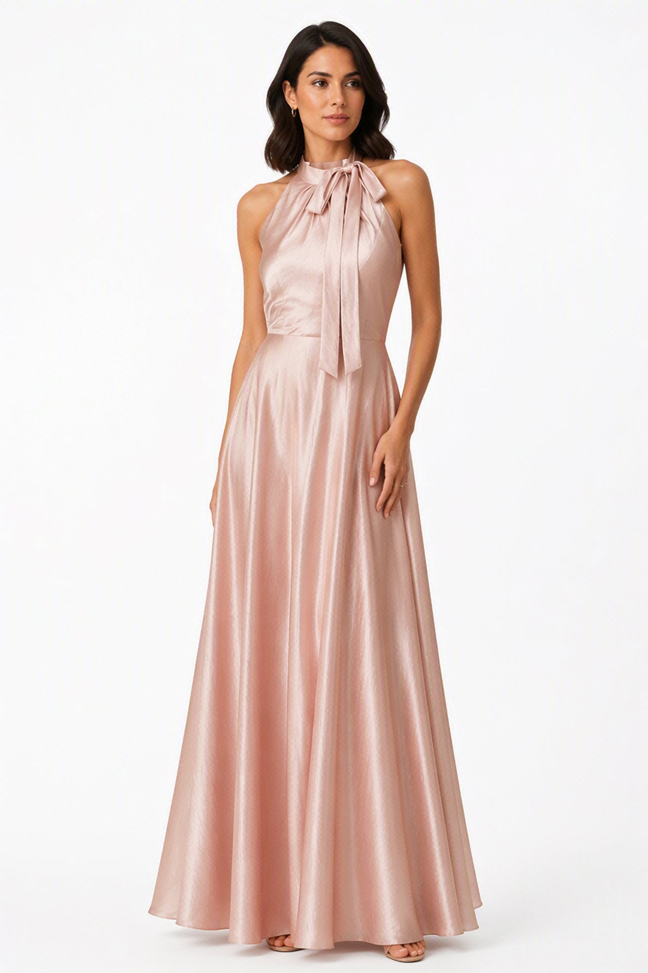 Vestito Lungo Satin Donna Collo Halter con Fiocco Legabile, Abito Elegante Vita Definita e Gonna Ampia da Cerimonia -3