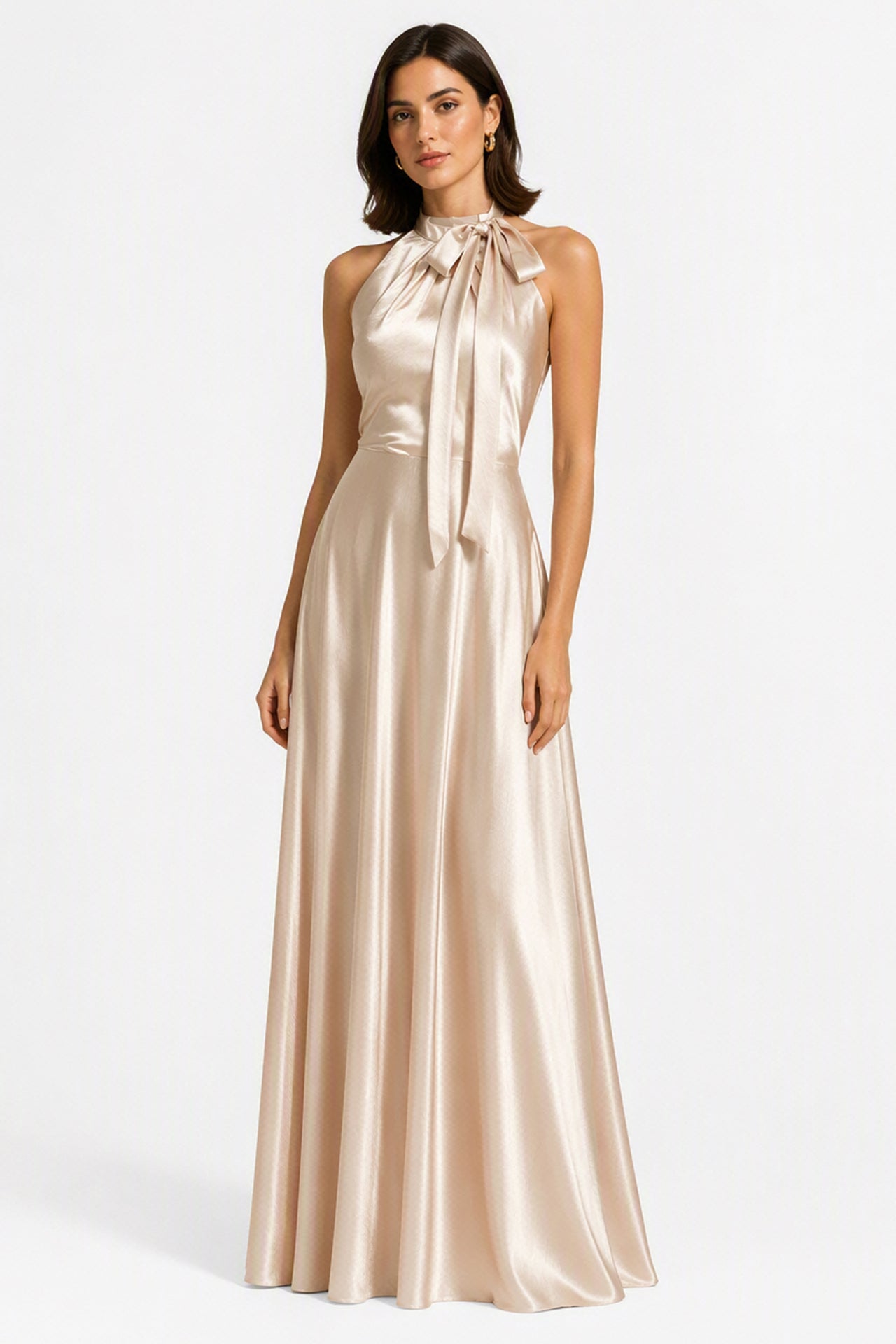 Vestito Lungo Satin Donna Collo Halter con Fiocco Legabile, Abito Elegante Vita Definita e Gonna Ampia da Cerimonia -2