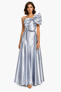 Vestito Lungo Satin Donna Spallina Singola con Maxi Fiocco, Abito Elegante da Cerimonia e Festa Smanicato -1