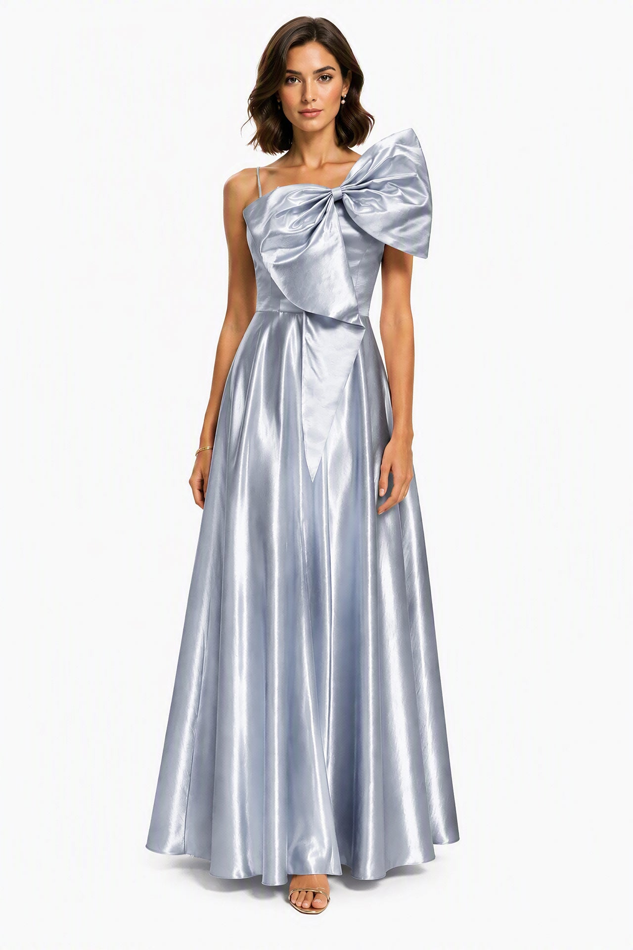 Vestito Lungo Satin Donna Spallina Singola con Maxi Fiocco, Abito Elegante da Cerimonia e Festa Smanicato -1
