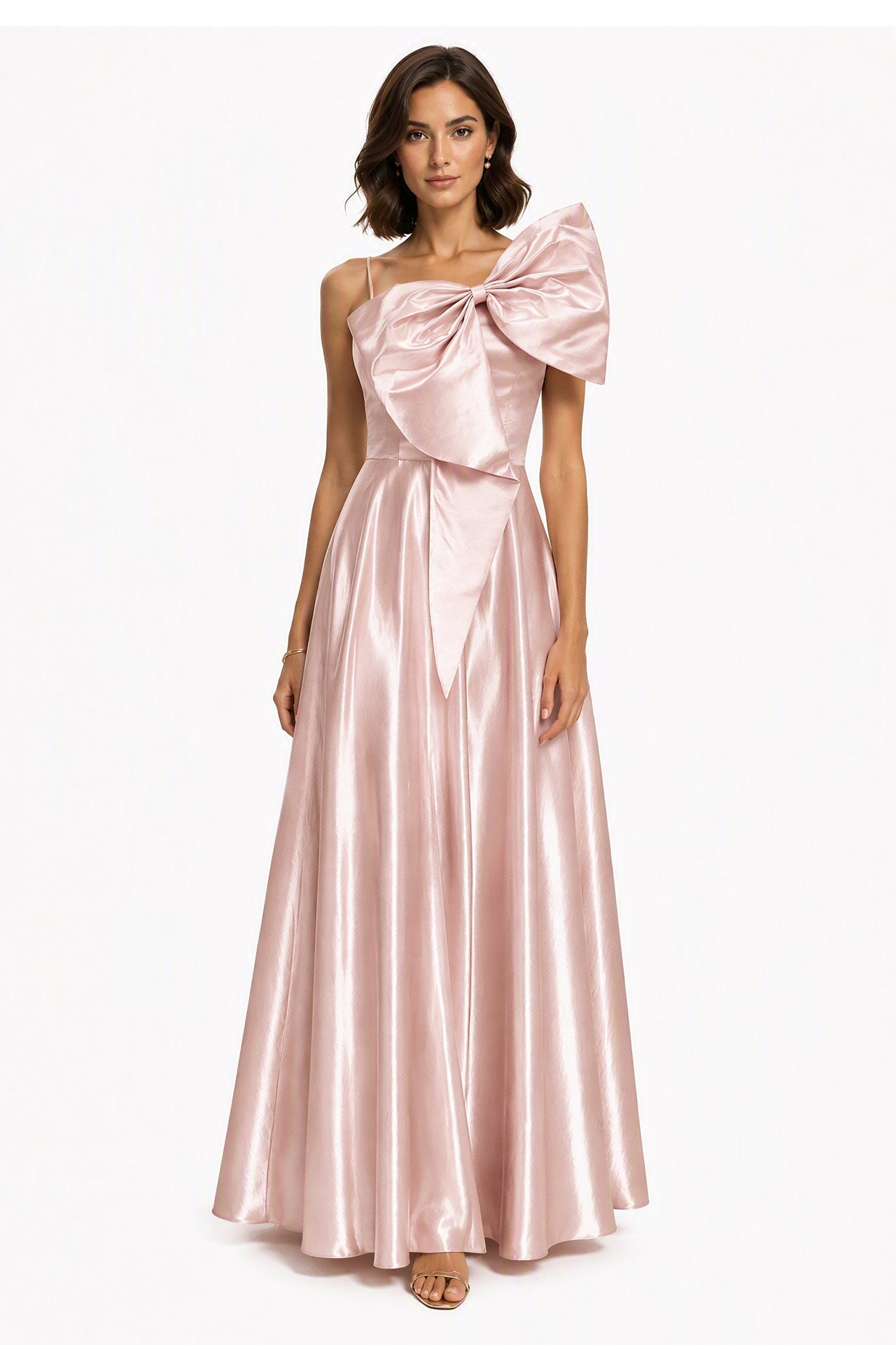 Vestito Lungo Satin Donna Spallina Singola con Maxi Fiocco, Abito Elegante da Cerimonia e Festa Smanicato -3