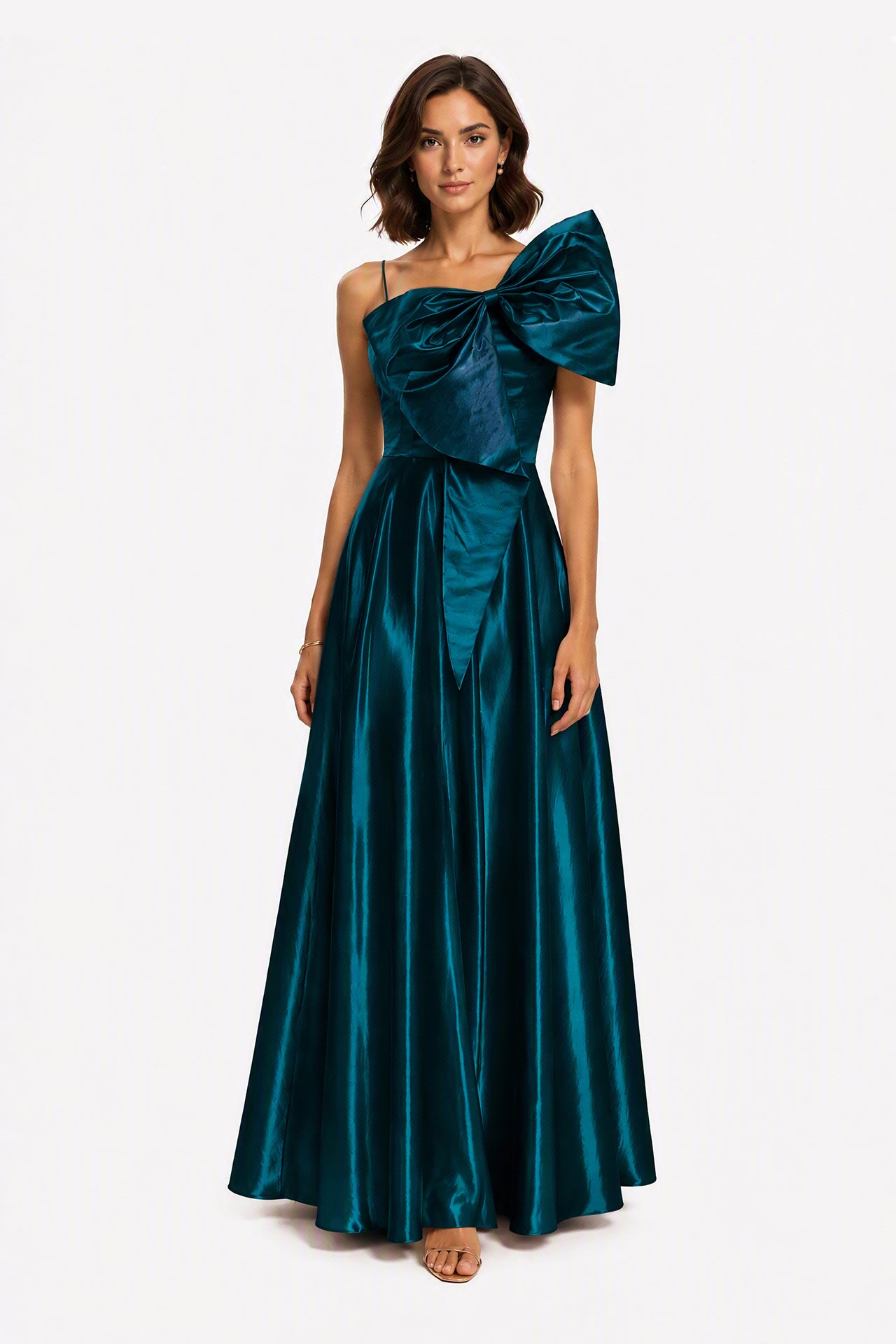 Vestito Lungo Satin Donna Spallina Singola con Maxi Fiocco, Abito Elegante da Cerimonia e Festa Smanicato -4
