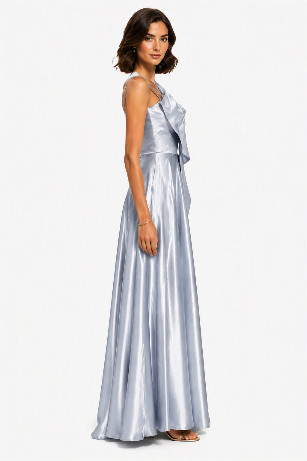 Vestito Lungo Satin Donna Spallina Singola con Maxi Fiocco, Abito Elegante da Cerimonia e Festa Smanicato -1
