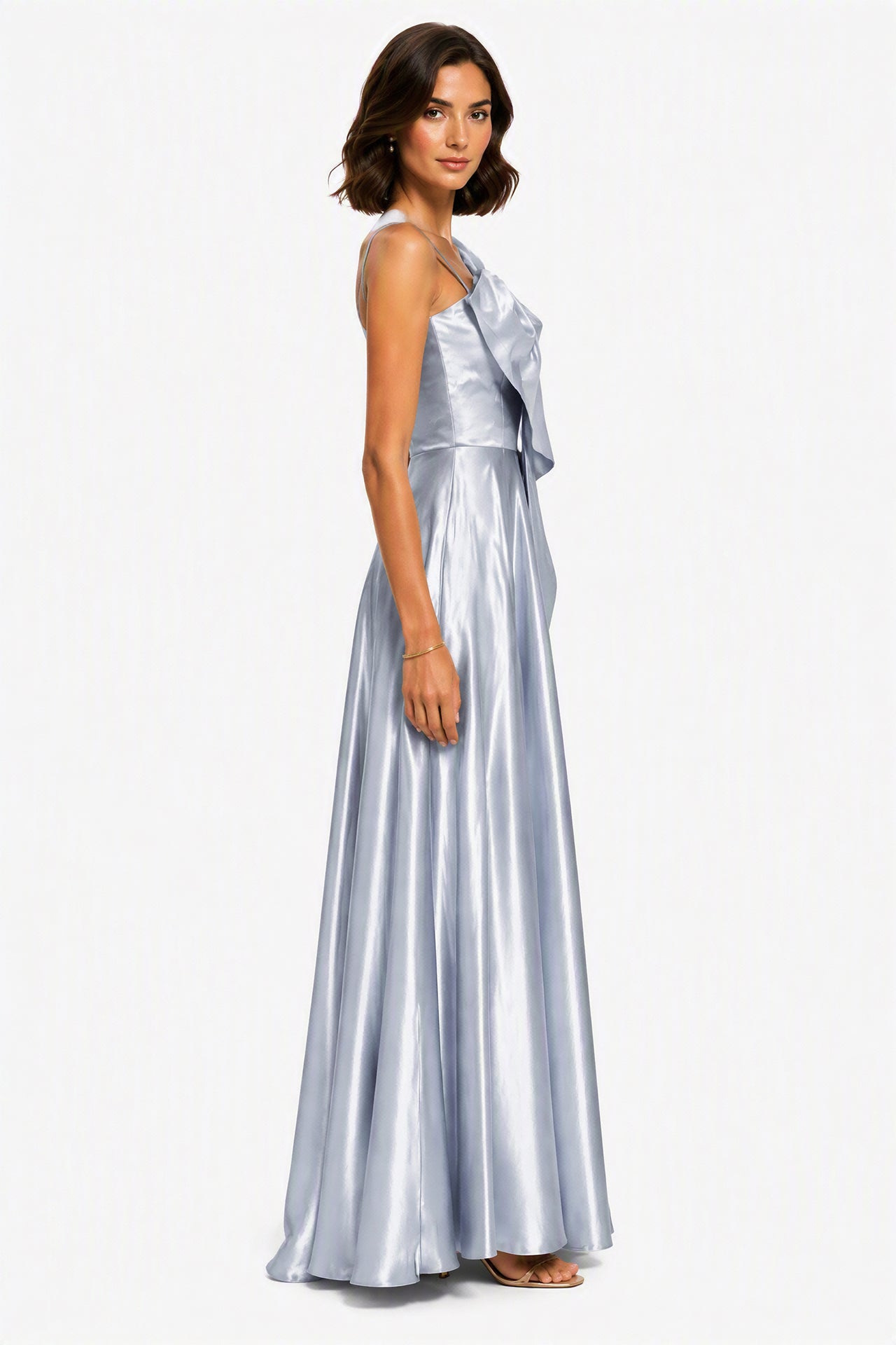 Vestito Lungo Satin Donna Spallina Singola con Maxi Fiocco, Abito Elegante da Cerimonia e Festa Smanicato -1
