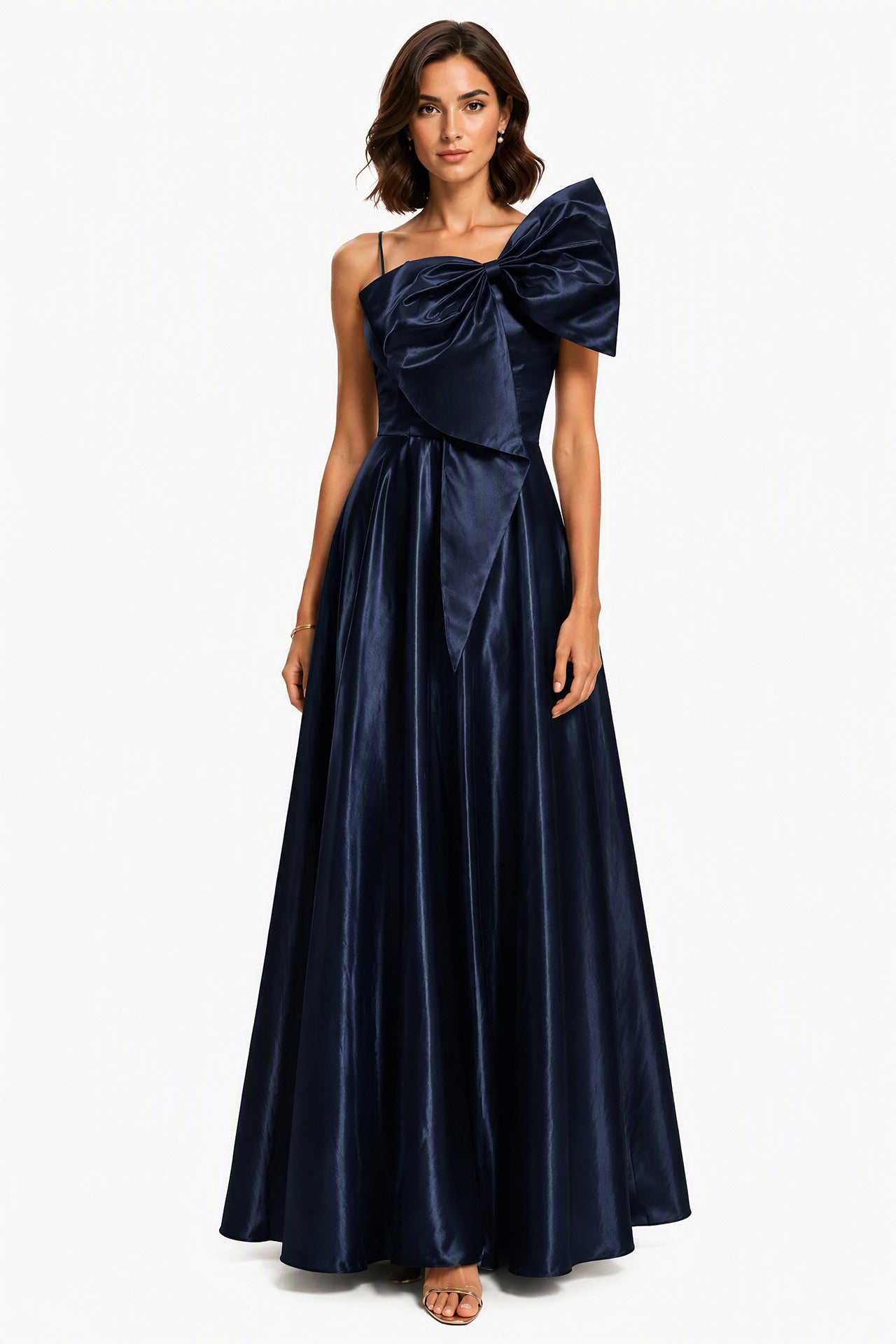 Vestito Lungo Satin Donna Spallina Singola con Maxi Fiocco, Abito Elegante da Cerimonia e Festa Smanicato -5