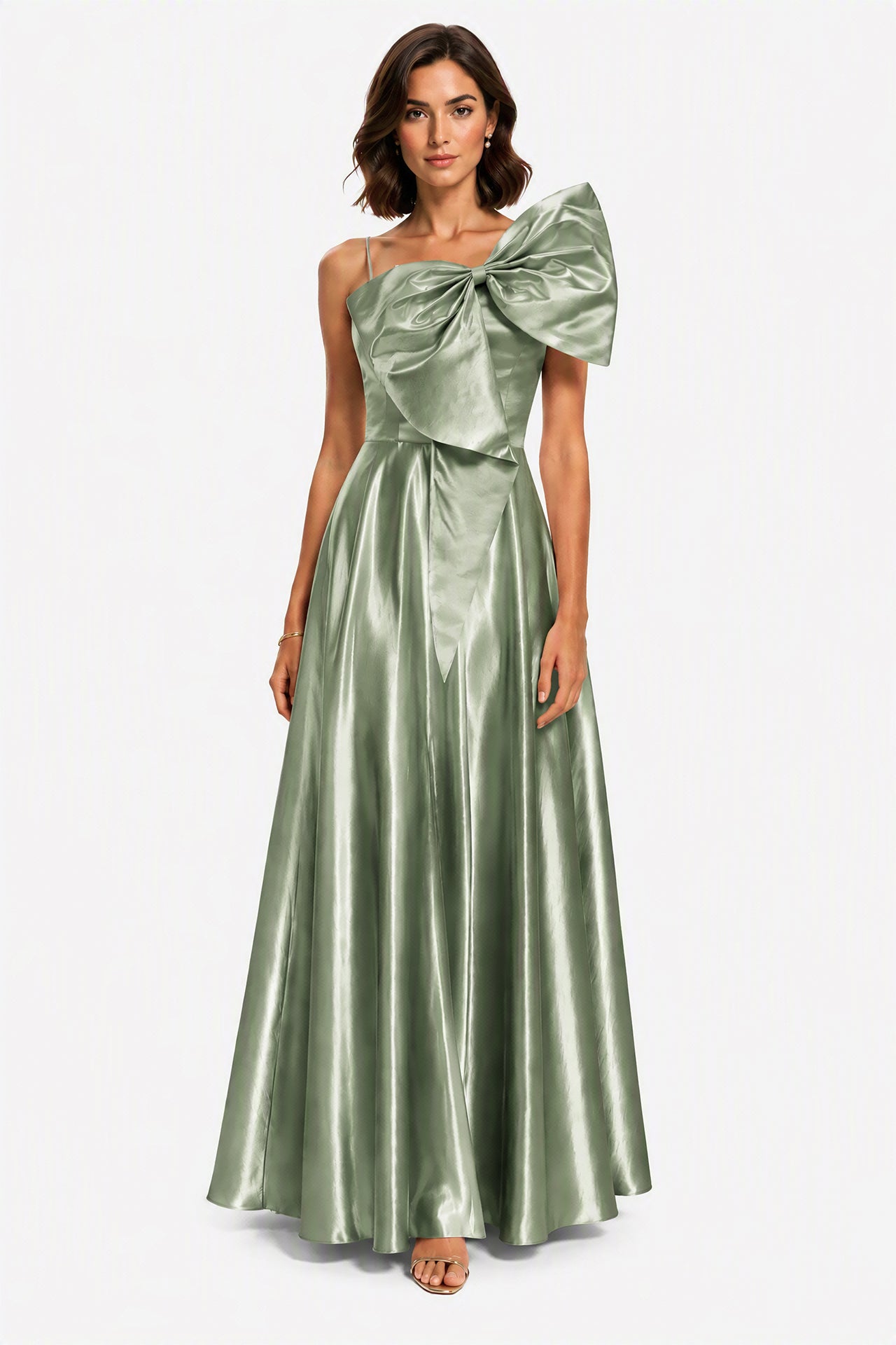 Vestito Lungo Satin Donna Spallina Singola con Maxi Fiocco, Abito Elegante da Cerimonia e Festa Smanicato -6