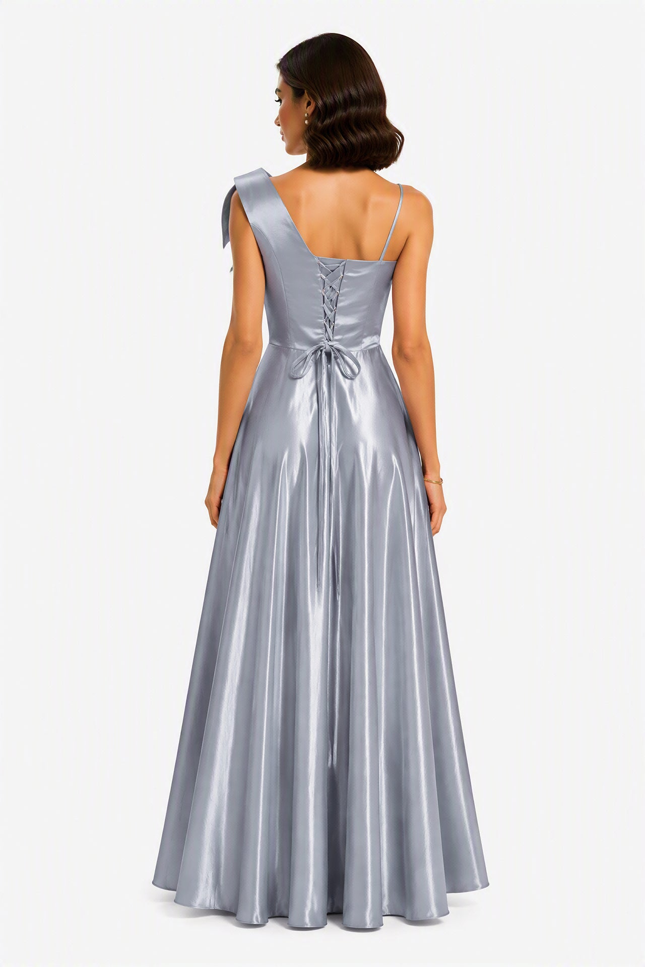 Vestito Lungo Satin Donna Spallina Singola con Maxi Fiocco, Abito Elegante da Cerimonia e Festa Smanicato -1