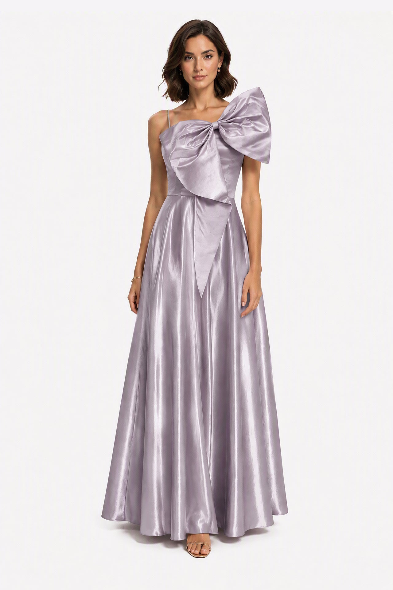 Vestito Lungo Satin Donna Spallina Singola con Maxi Fiocco, Abito Elegante da Cerimonia e Festa Smanicato -7