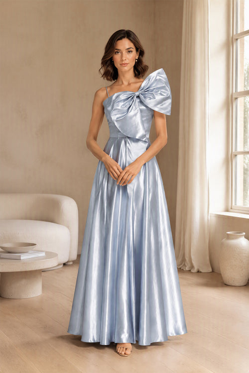 Vestito Lungo Satin Donna Spallina Singola con Maxi Fiocco, Abito Elegante da Cerimonia e Festa Smanicato