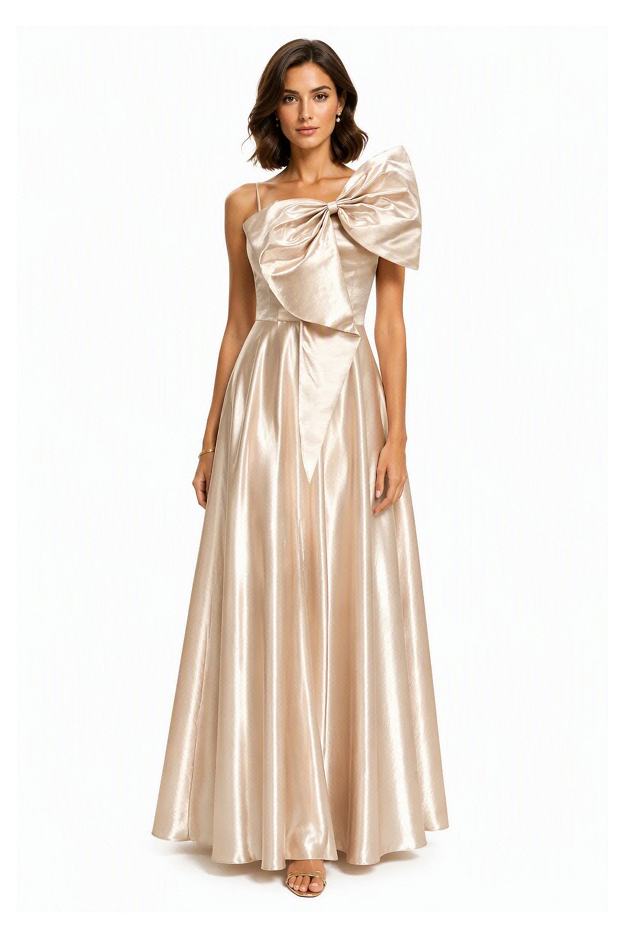 Vestito Lungo Satin Donna Spallina Singola con Maxi Fiocco, Abito Elegante da Cerimonia e Festa Smanicato -2