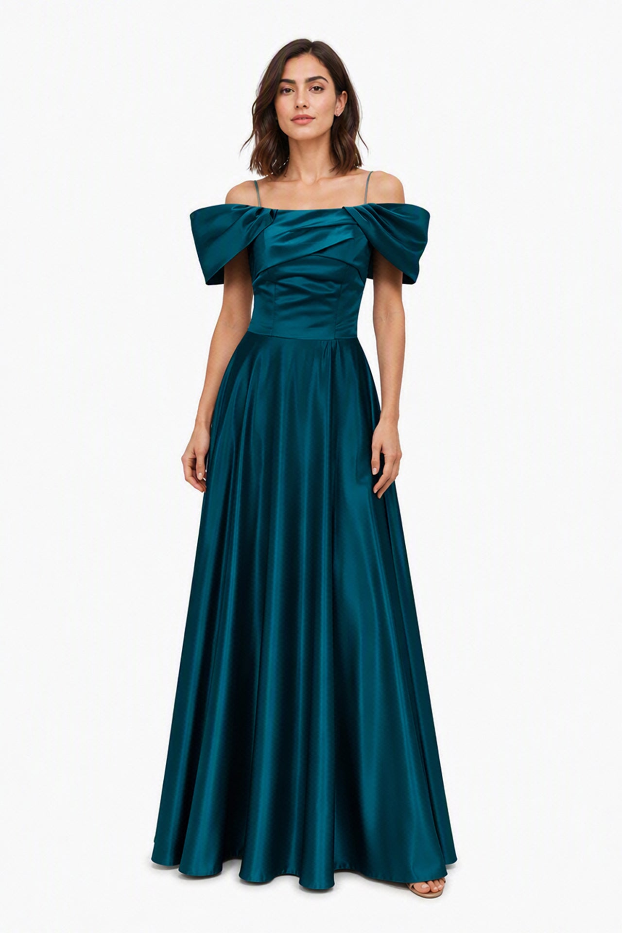 Vestito Lungo Satin Spalline Sottili a Spalla Scoperta, Abito Elegante Donna da Cerimonia con Busto Arricciato e Gonna Ampia -2