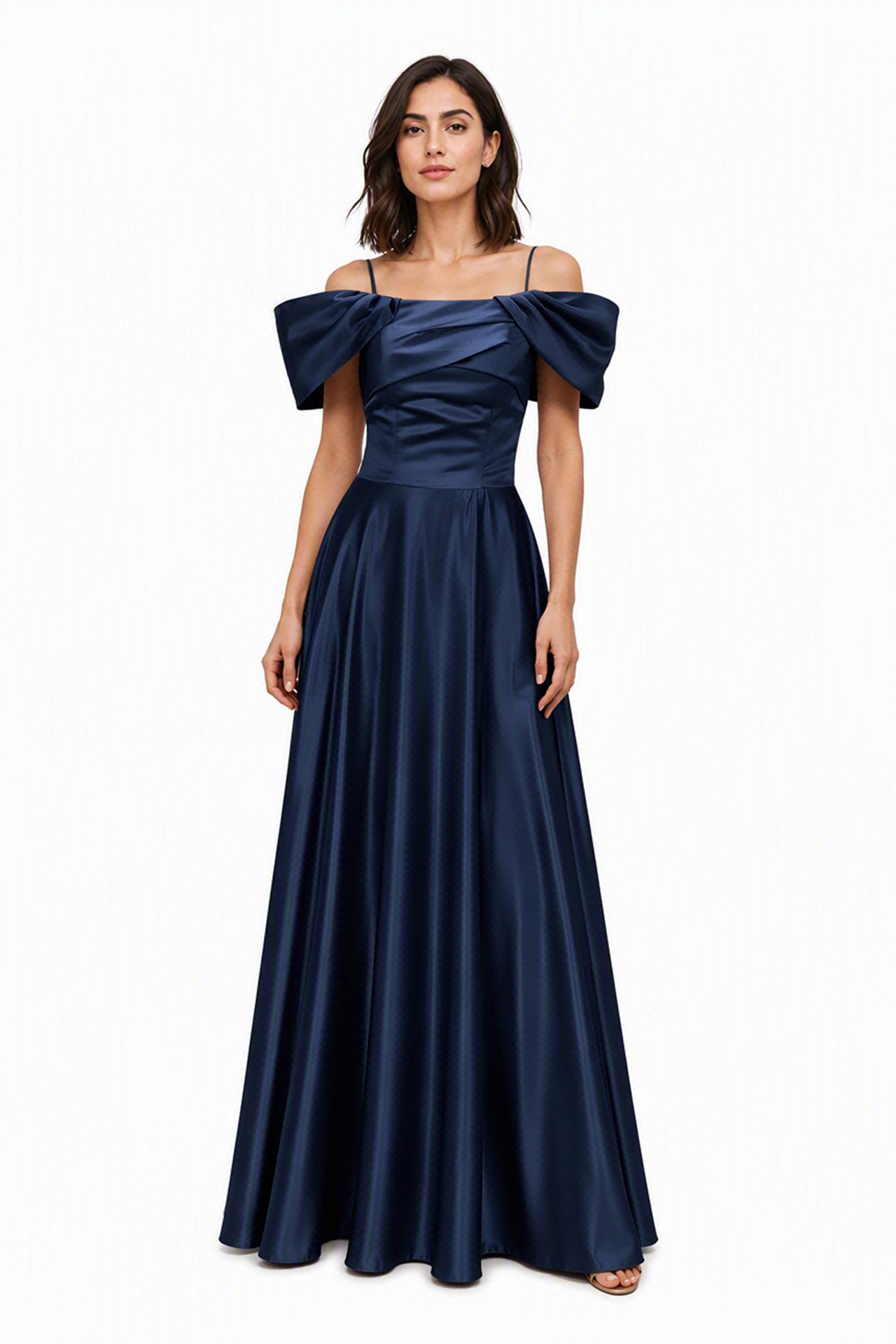 Vestito Lungo Satin Spalline Sottili a Spalla Scoperta, Abito Elegante Donna da Cerimonia con Busto Arricciato e Gonna Ampia -3