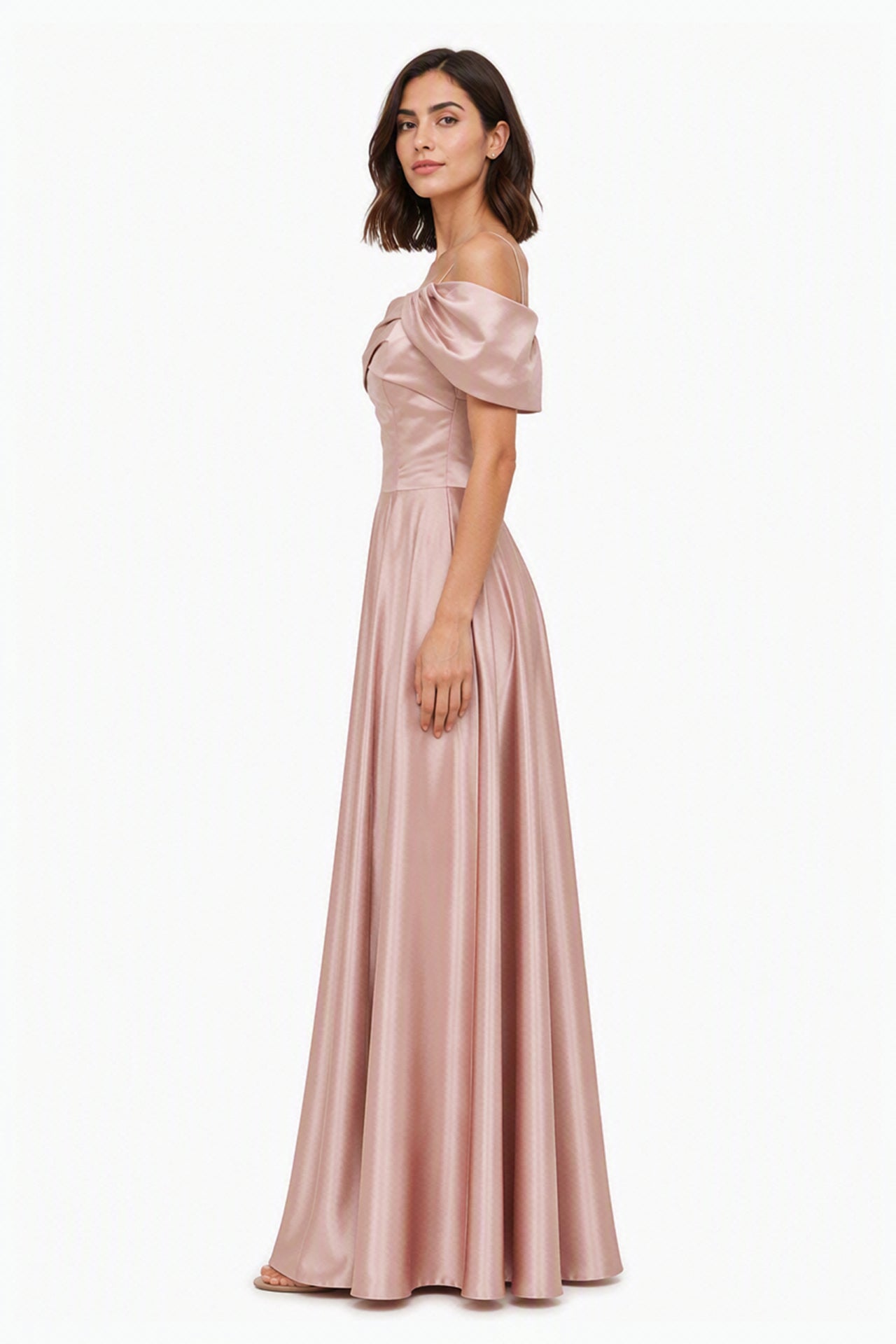 Vestito Lungo Satin Spalline Sottili a Spalla Scoperta, Abito Elegante Donna da Cerimonia con Busto Arricciato e Gonna Ampia -1