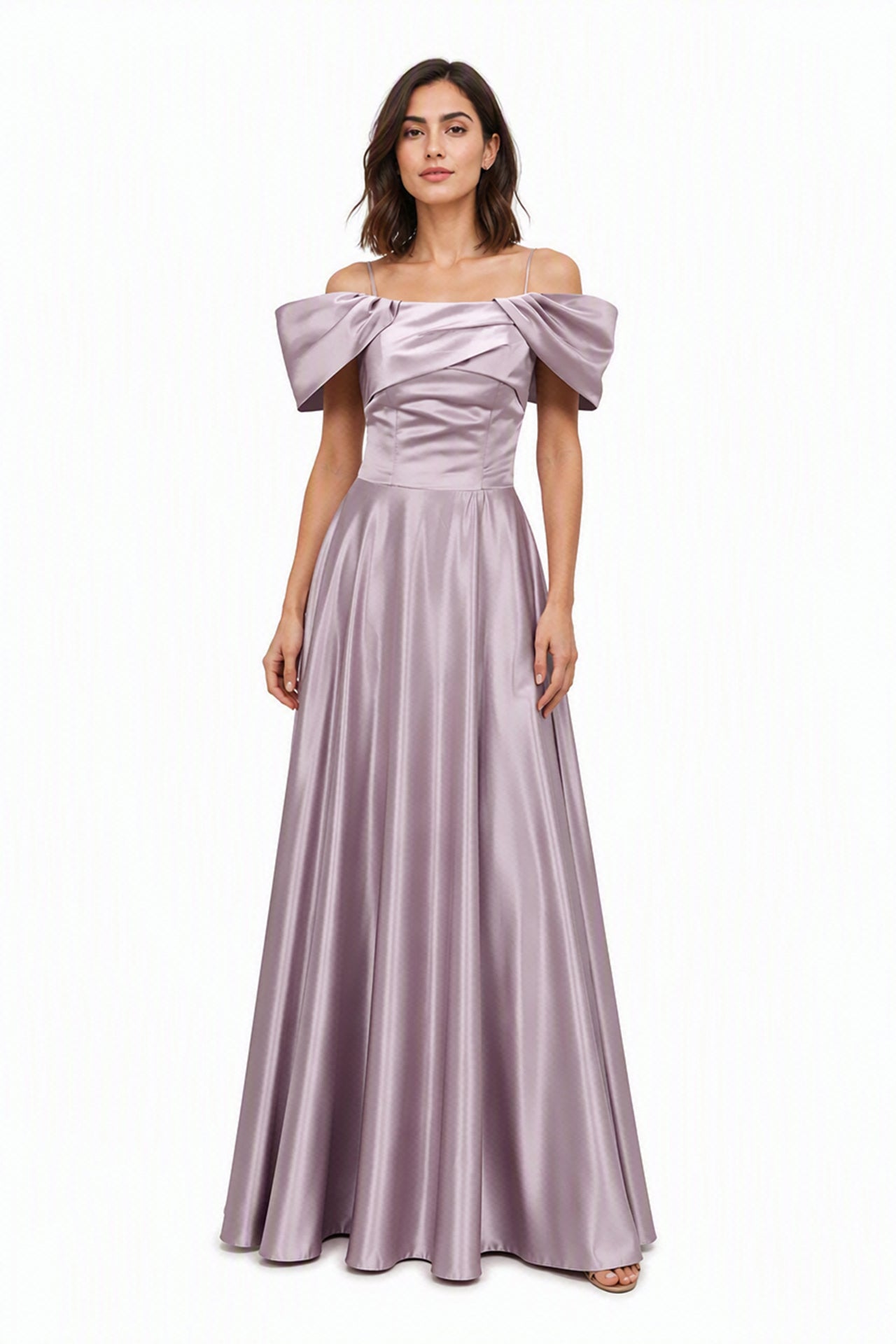 Vestito Lungo Satin Spalline Sottili a Spalla Scoperta, Abito Elegante Donna da Cerimonia con Busto Arricciato e Gonna Ampia -5