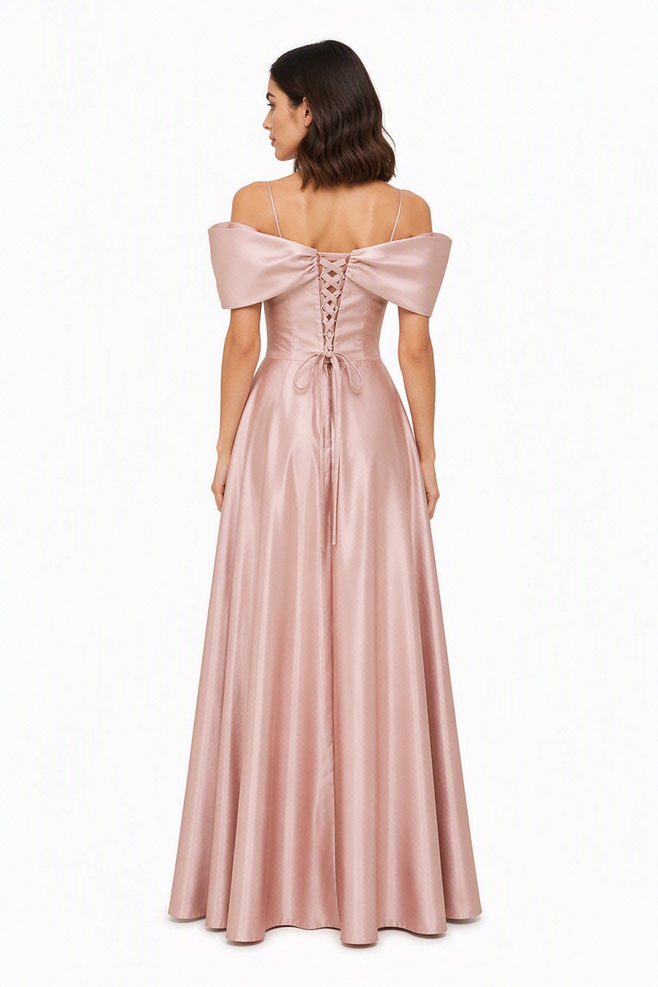 Vestito Lungo Satin Spalline Sottili a Spalla Scoperta, Abito Elegante Donna da Cerimonia con Busto Arricciato e Gonna Ampia -1