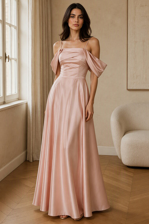 Vestito Lungo Satin Spalline Sottili a Spalla Scoperta, Abito Elegante Donna da Cerimonia con Busto Arricciato e Gonna Ampia