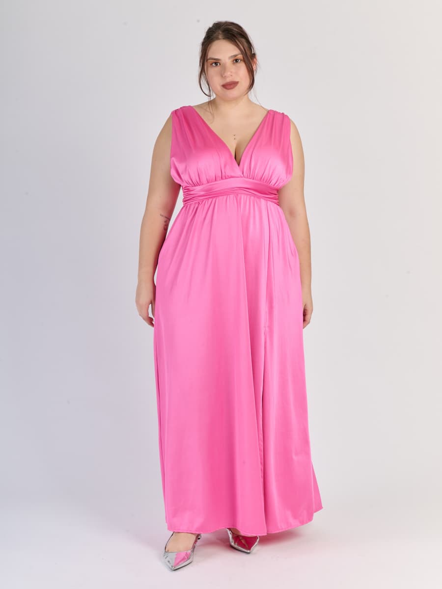 Vestito Fuxia con silhouette aderente e scollo a V, ideale per eventi formali e serate glamour.