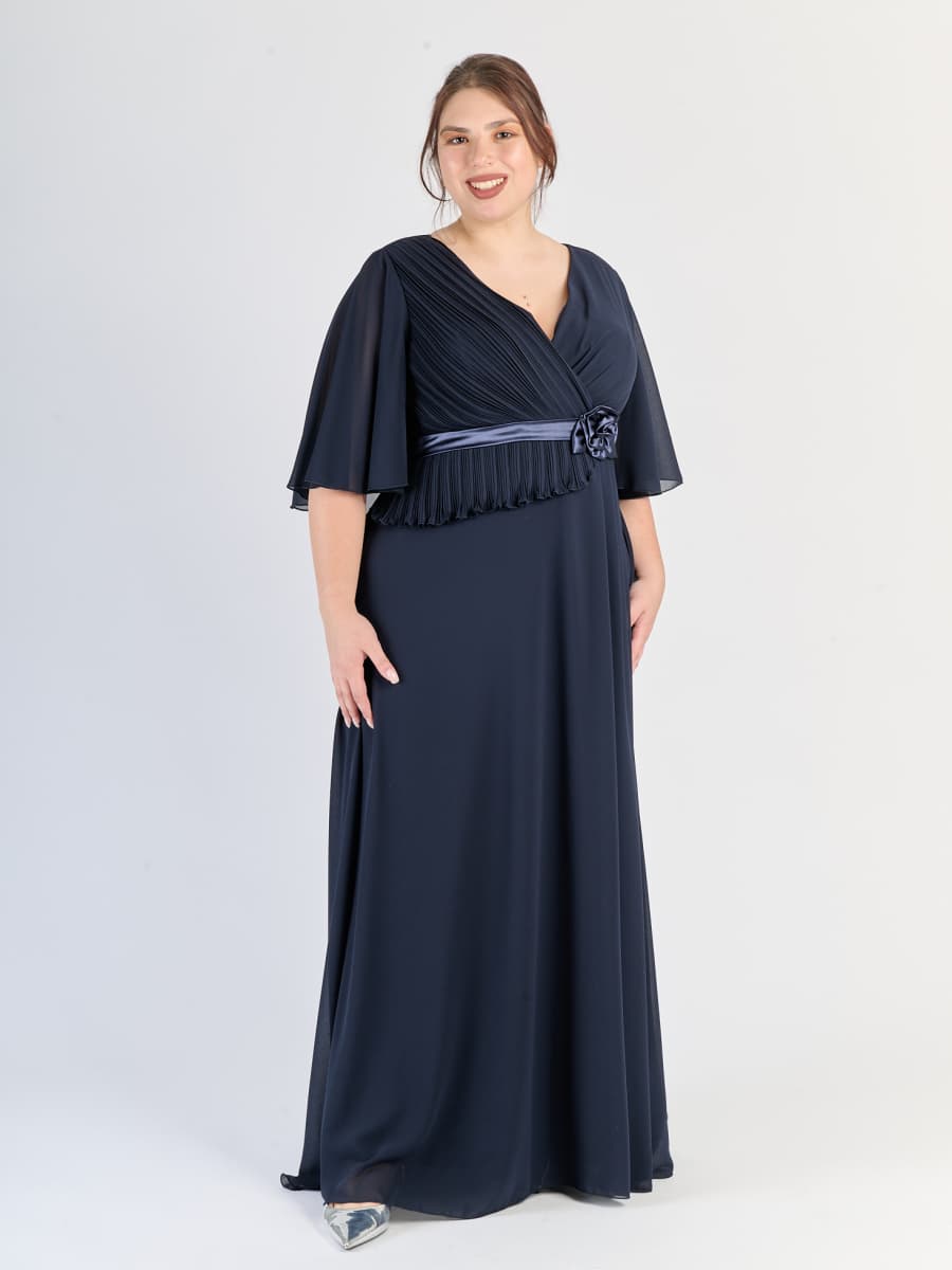 Vestito Navy plus size, gonna lunga, struttura avvolgente