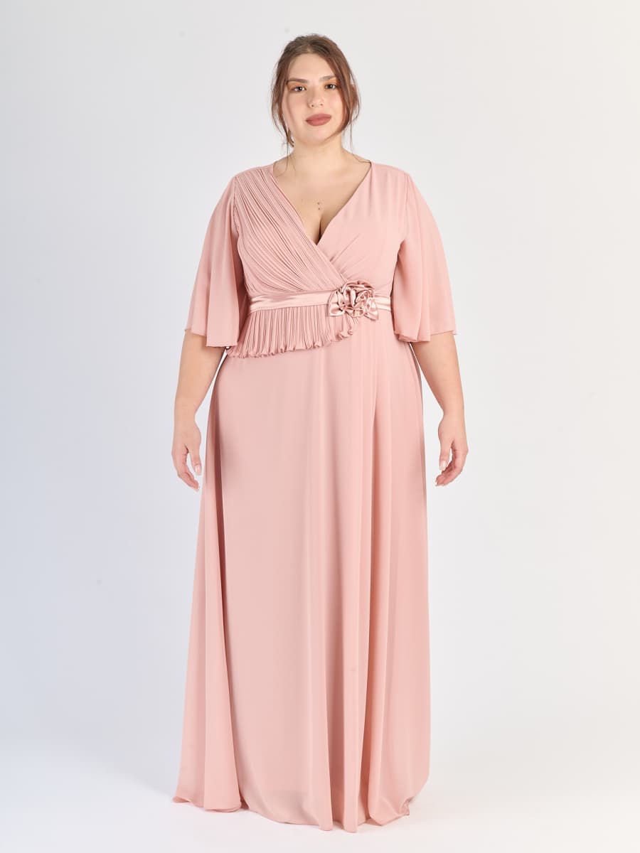 Vestito Rosa Antico plus size, gonna ampia, stile avvolgente