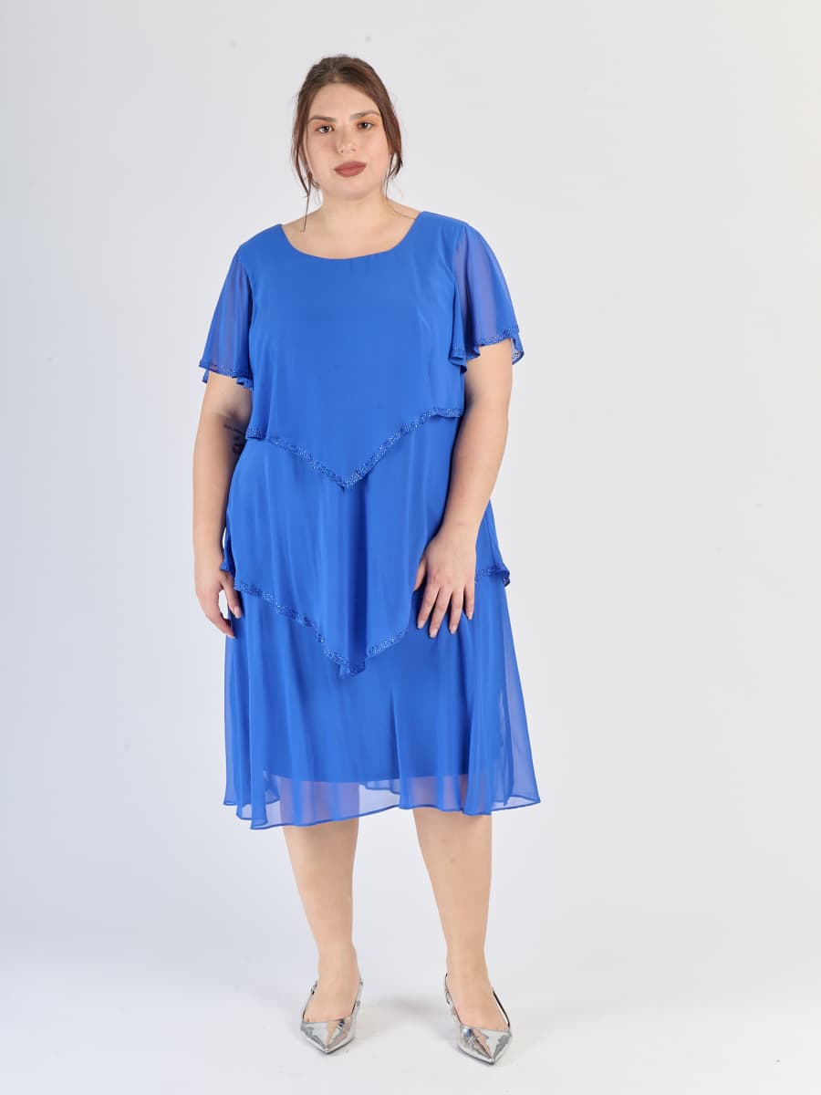 Vestito bluette in chiffon, design a pannelli sovrapposti e maniche corte traslucide