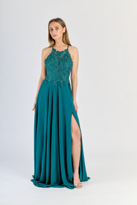 Vestito da cerimonia Ottanio, chiffon leggero, pizzo raffinato e apertura stilosa