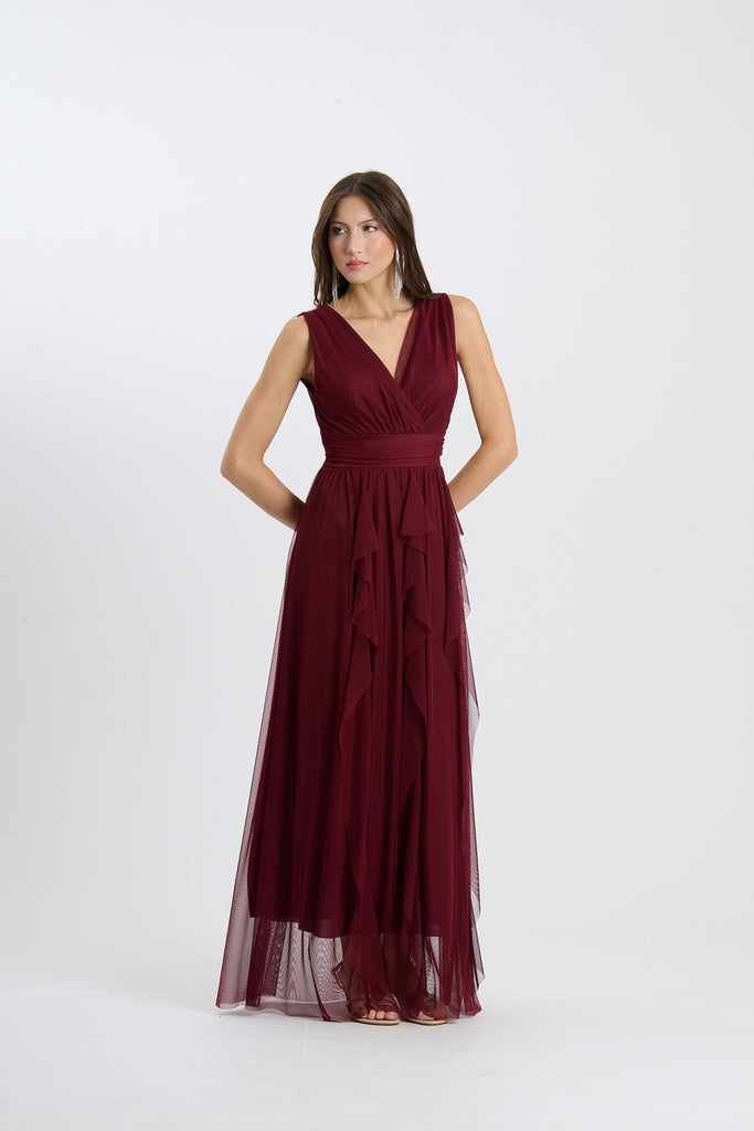  Vestito da festa di colore vino, taglio senza spalline, scollatura a V incrociata, taglia unica, perfetto per un look elegante e intenso.