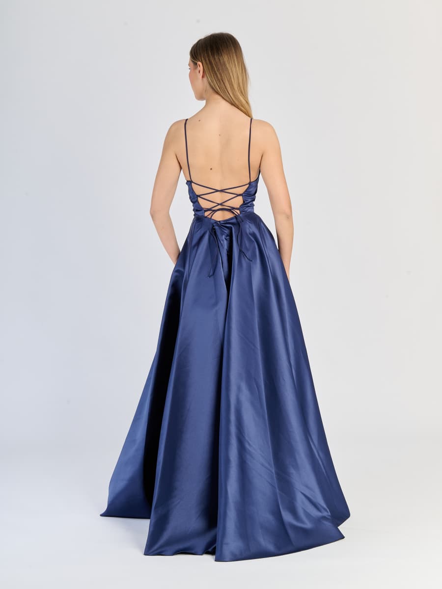 Vestito da sera Blu scuro in raso, spalline sottili e gonna dritta