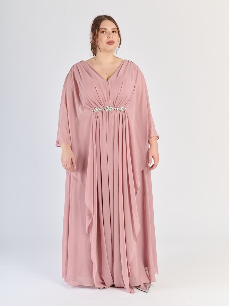Vestito elegante color Rosa Antico, taglia plus size, design drappé