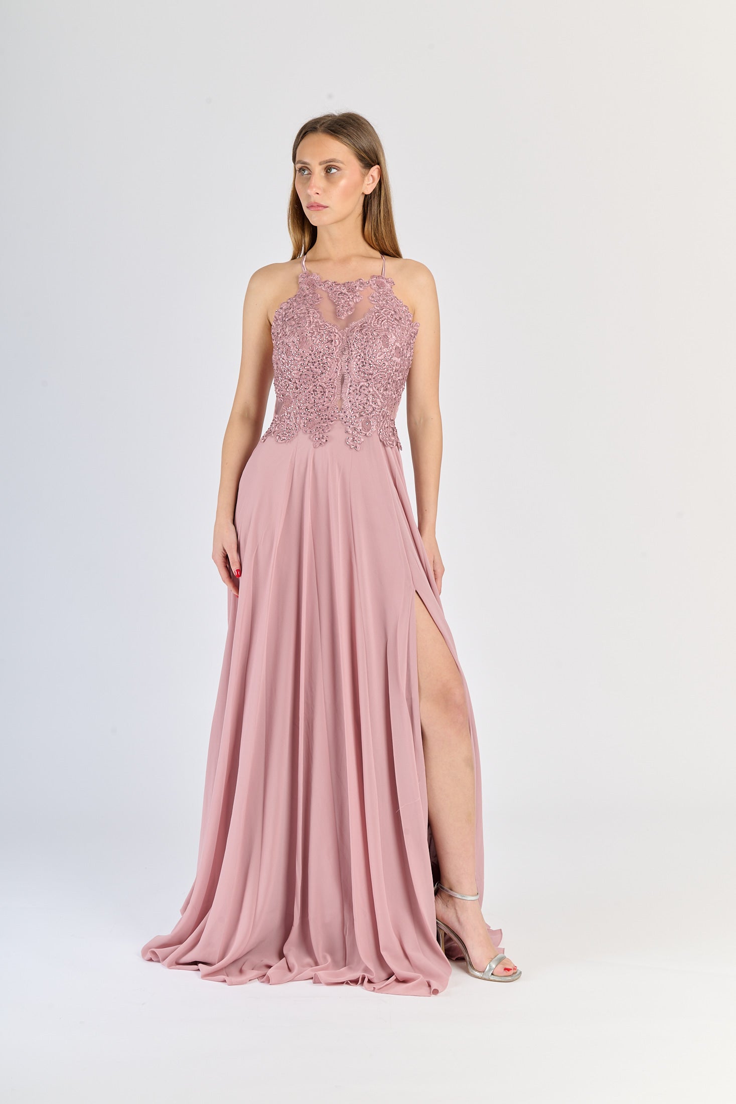 Vestito formale Rosa Antico: pizzo intricato, gonna in chiffon e apertura laterale