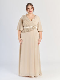 Vestito formale beige, taglia unica, maniche ampie e drappaggi