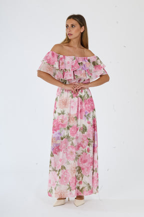Vestito fuxia a fiori con taglio a bardot e gonna dritta, ideale per eventi formali e serate glamour.