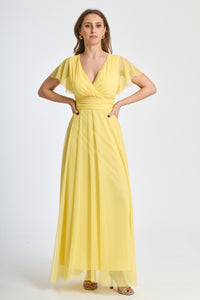 Vestito giallo fluido, waist cinto, lunghezza maxi, per feste sgargianti