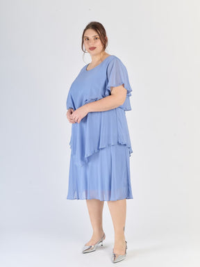 Vestito lavanda da sera, silhouette avvolgente con strati e maniche svettanti