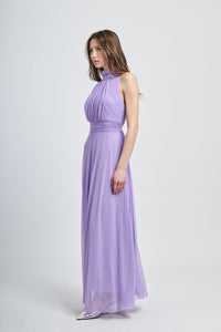 Vestito lilla con puzzo e frange laterali corte in seta, aspetto dolce per eventi.