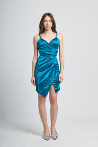 Vestito ottanio lucido, ruches decorativa, apertura laterale, stile raro