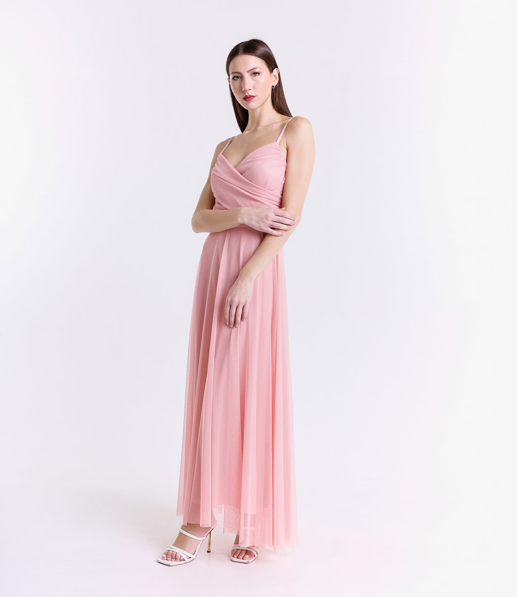 Vestito rosa fluido, taglio lungo, per eventi estivi
