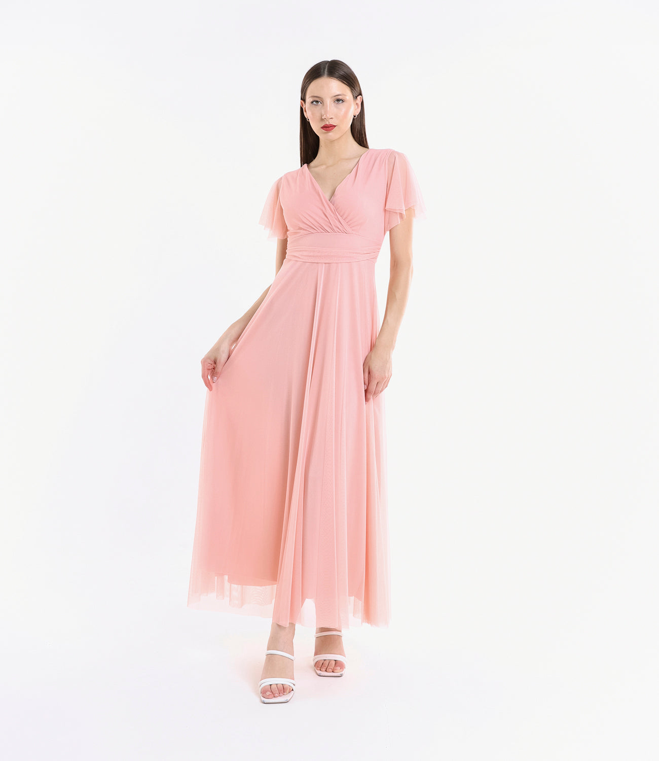 Vestito rosa fluido, waist cinto, lunghezza maxi, per serate romantiche