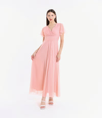 Vestito rosa fluido, waist cinto, lunghezza maxi, per serate romantiche