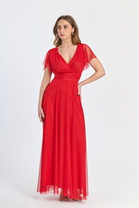 Vestito rosso fluido, waist cinto, lunghezza maxi, per feste sgargianti