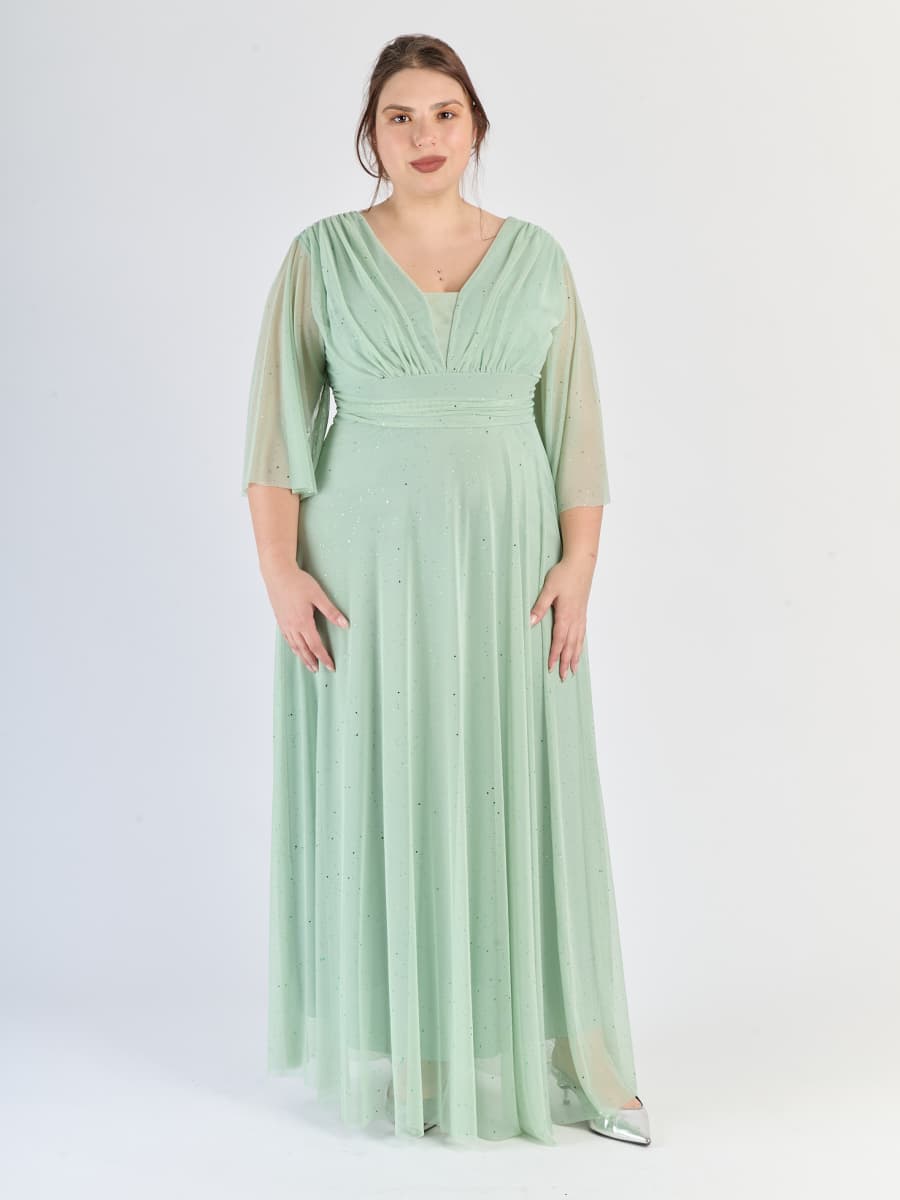 Vestito salvia fluido in tulle, fascia sulla vita e maniche semi - trasparenti, serenitàverde.