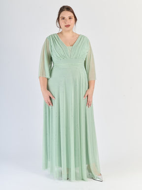 Vestito salvia fluido in tulle, fascia sulla vita e maniche semi - trasparenti, serenitàverde.