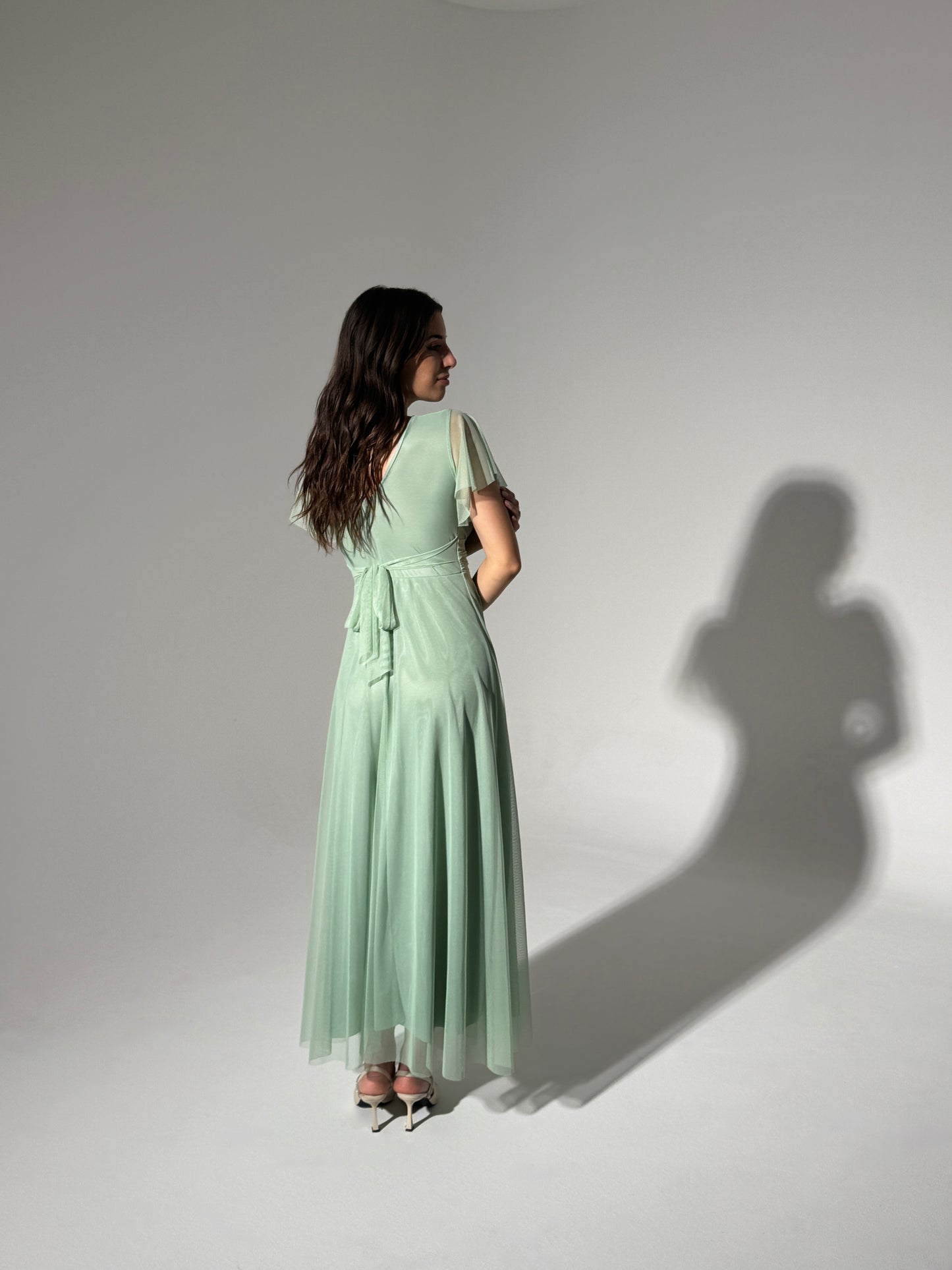 Vestito salvia fluido, waist cinto, lunghezza maxi, per eventi estivi