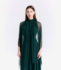 Outfit verde.S: abito maxi e mantello traslucido in tulle, charme vegetale