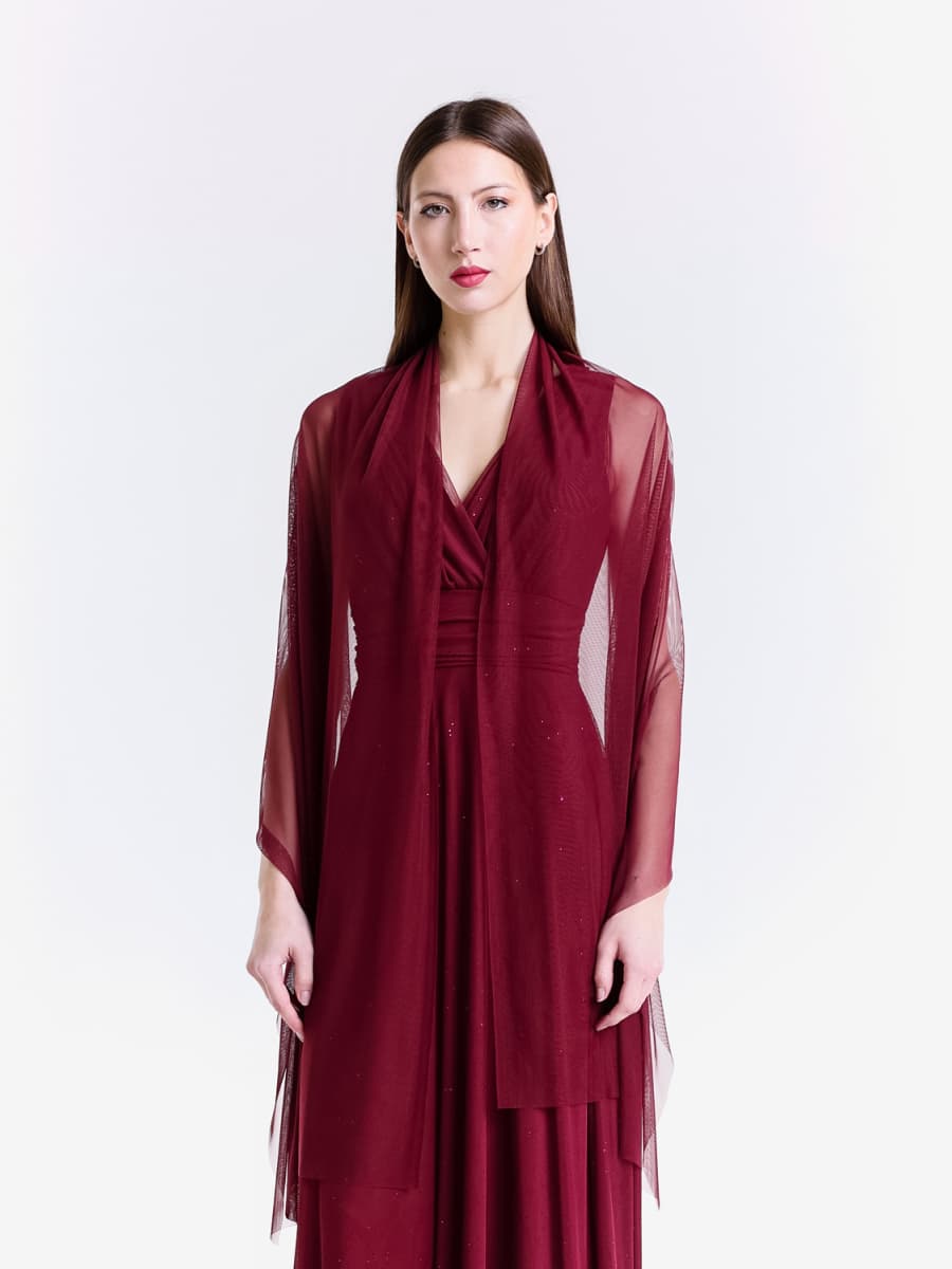 Ensemble vino: gown a fondale e cardigan chiffon, stile affascinante e rassicurante