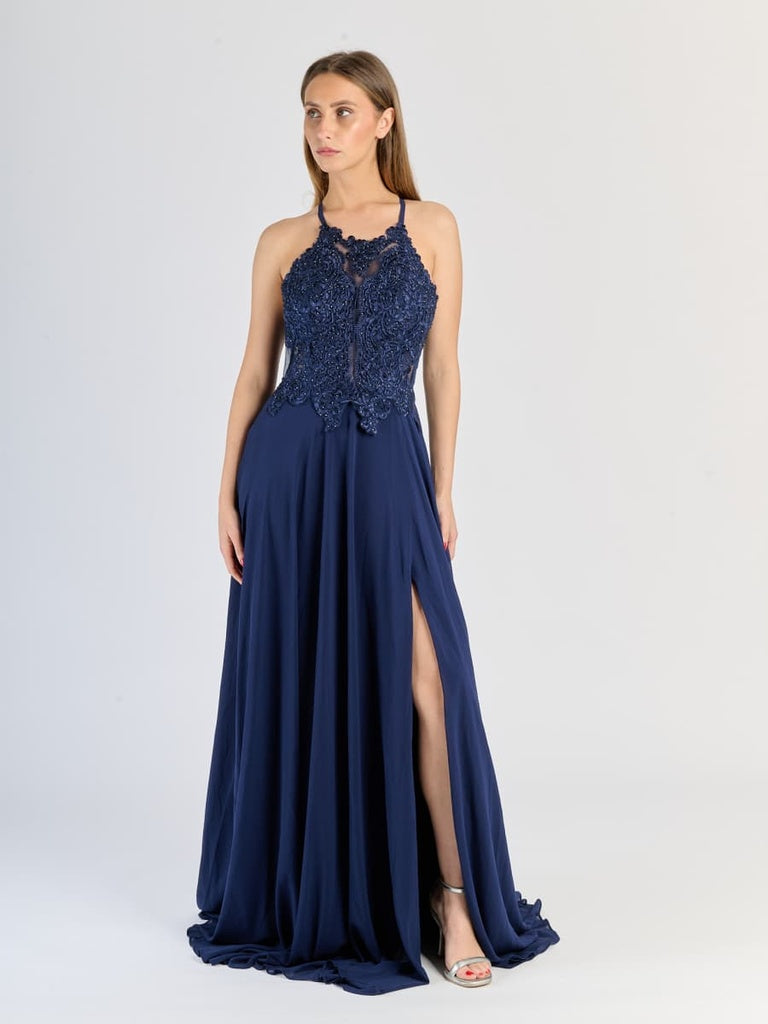 "Edera" Long Ceremony Dress with Lace Bodice and Side Slit