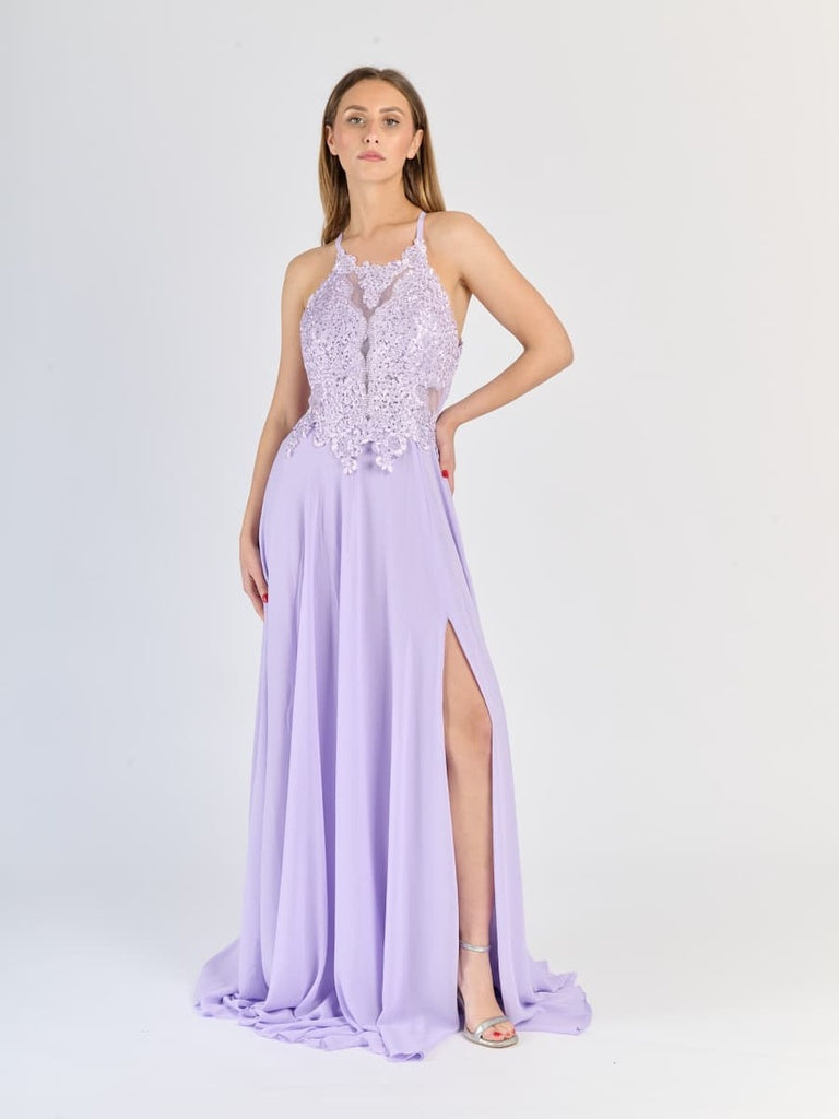 "Edera" Long Ceremony Dress with Lace Bodice and Side Slit