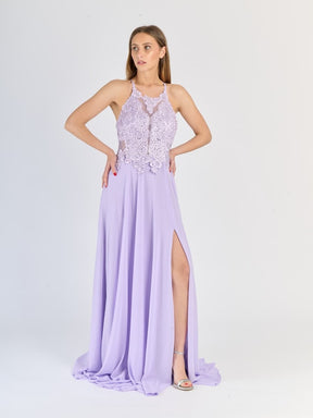 "Edera" Long Ceremony Dress with Lace Bodice and Side Slit