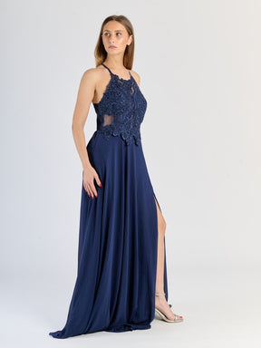 "Edera" Long Ceremony Dress with Lace Bodice and Side Slit